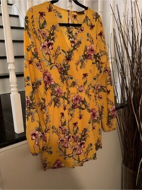Floral V-Neck Long Sleeve Romper in Mustard Yellow